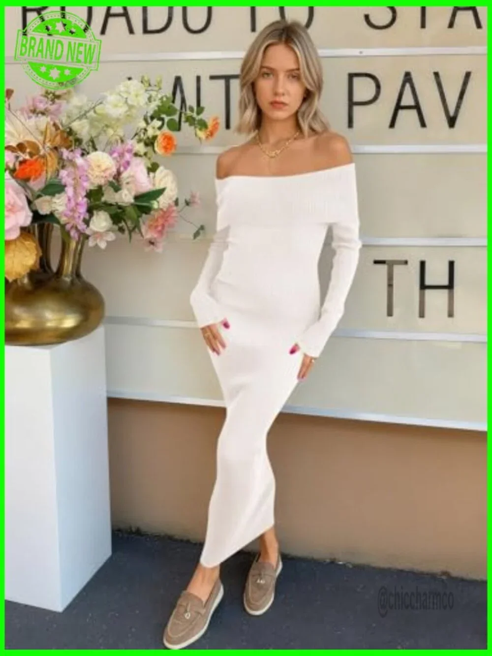 Off Shoulder Bodycon Sweater Dress Long Sleeve Midi Maxi Cocktail Party - Picture 5 of 7
